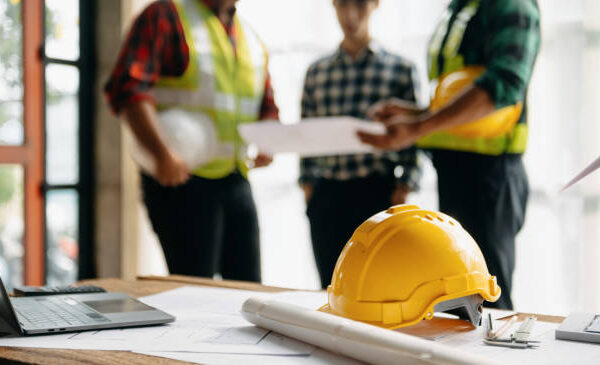 Engineer teams meeting working together wear worker helmets hardhat on construction site in modern city.Asian industry professional team in sun light